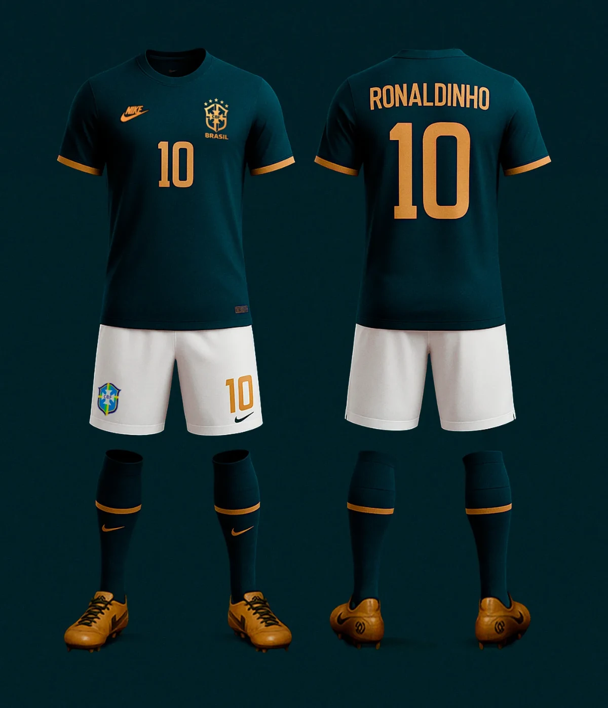 Kit completo do uniforme conceitual com camisa, calção, meião e chuteira, frente e costas