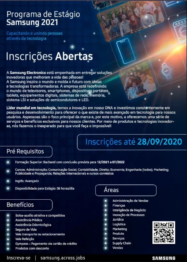 Cartaz impresso do programa de estágio com requisitos, áreas e benefícios