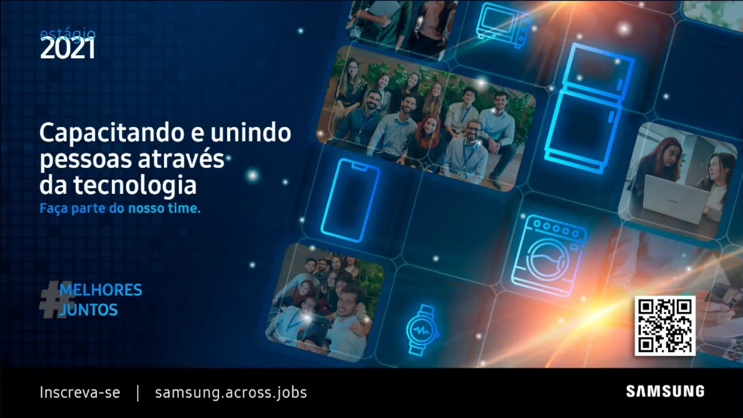 Key visual do Programa de Estágio Samsung 2021 com a grade de janelas
