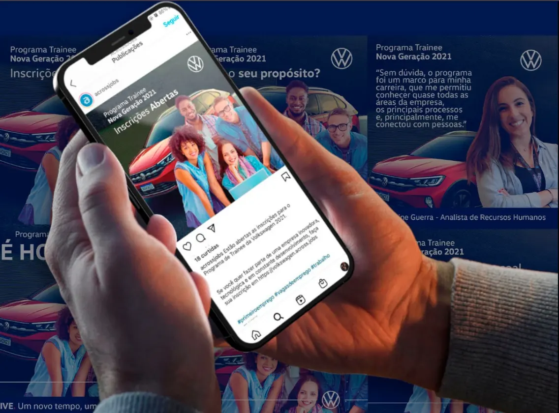 Peças de feed do Instagram do programa trainee vistas em um celular